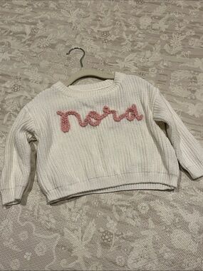 Cream Knit Kids Sweater with Pink Script Detail